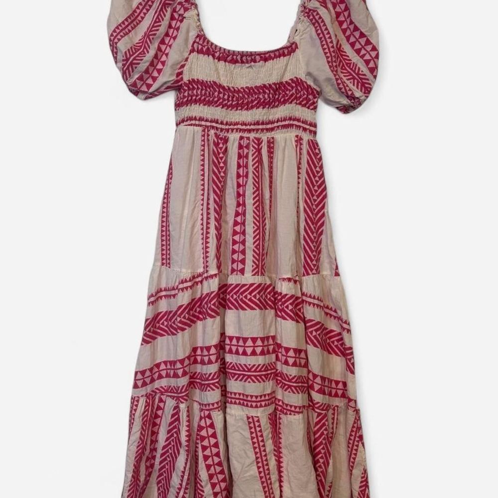 Sosia Made in Italy Boho Maxi Dress Pink Ivory Puff Sleeve Cottagecore